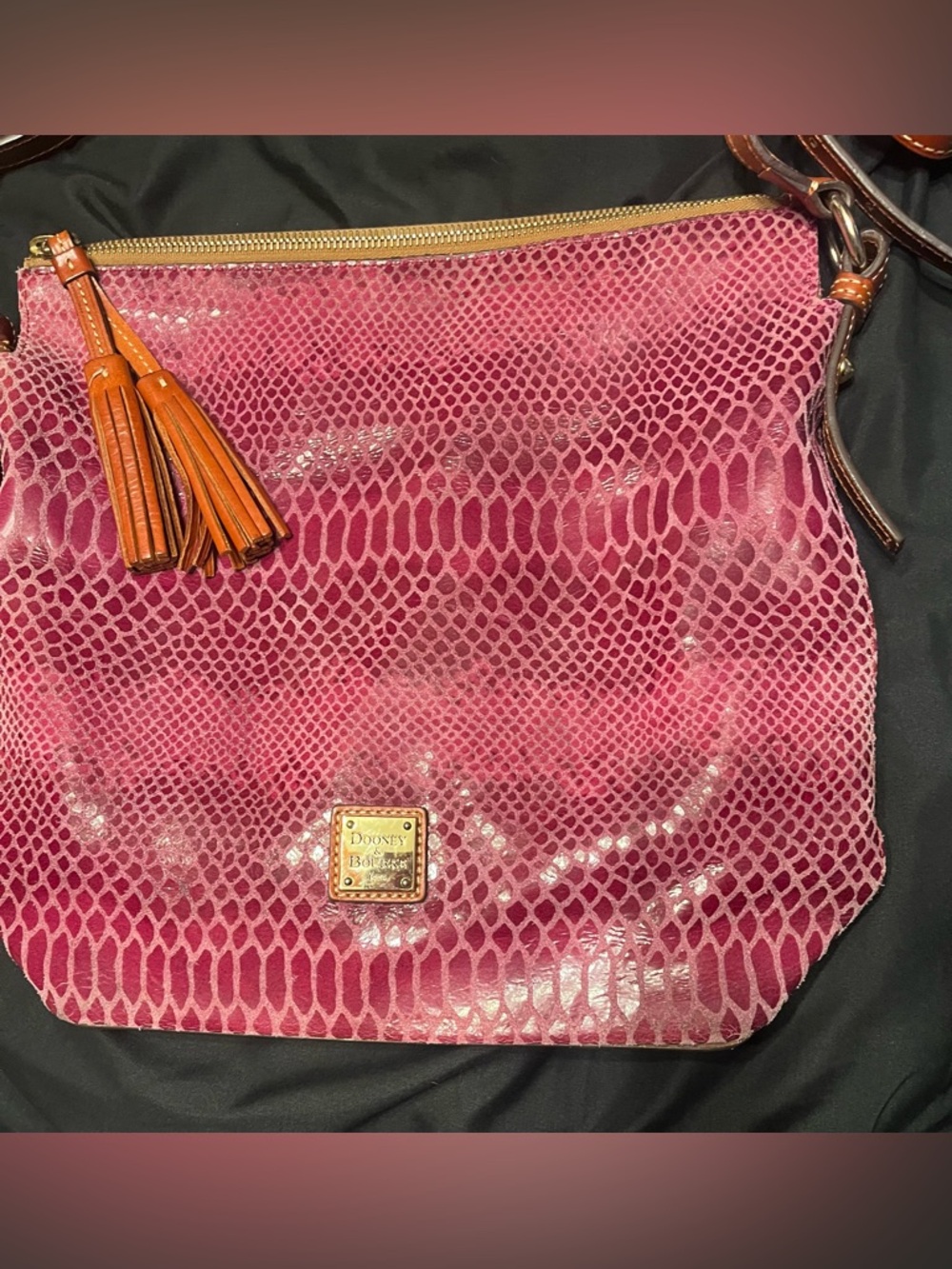 Dooney & Bourke Pink Snake-Embossed Shoulder Bag with Brown Tassel